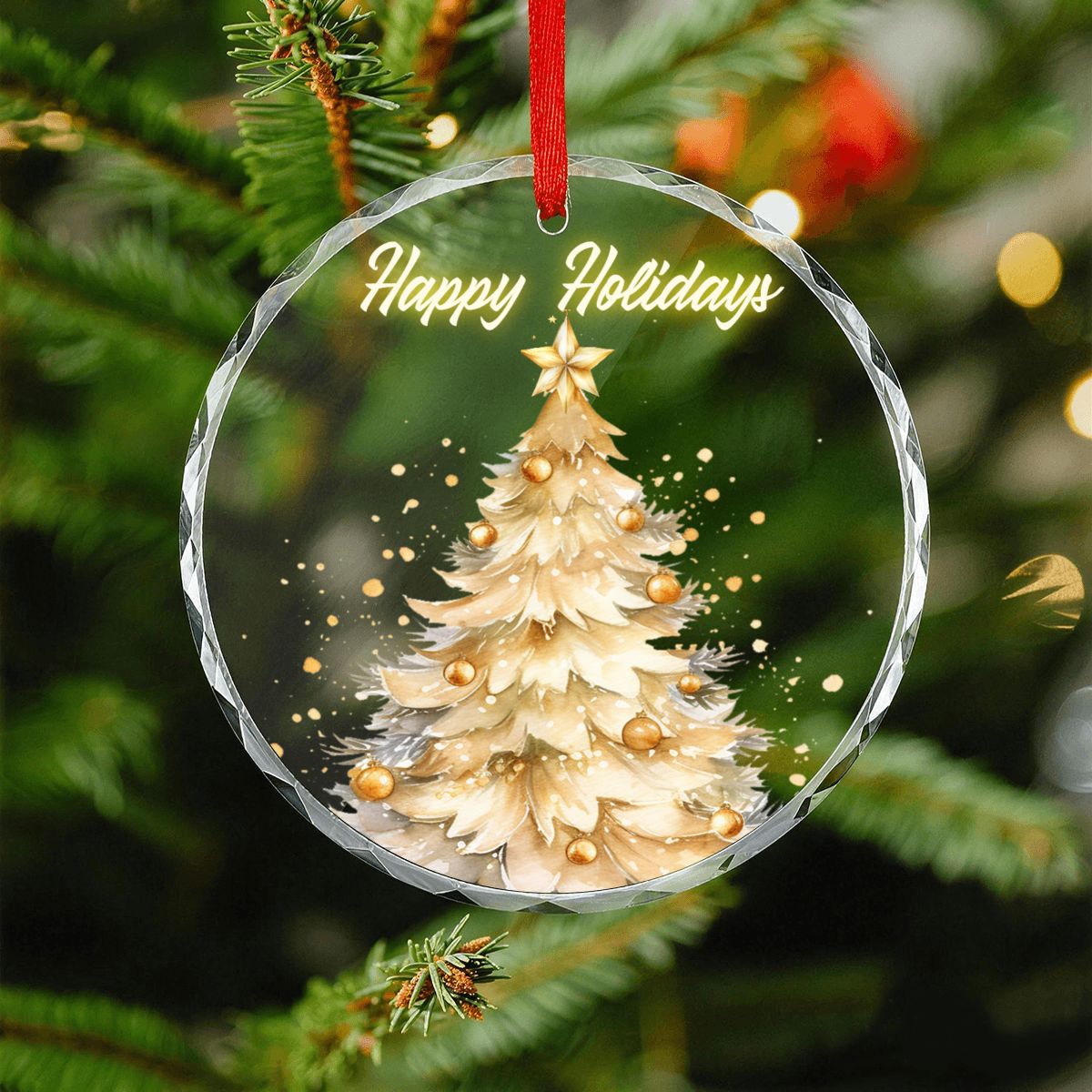 Happy Holidays Golden Christmas Tree Round Glass Ornament (Made in USA)