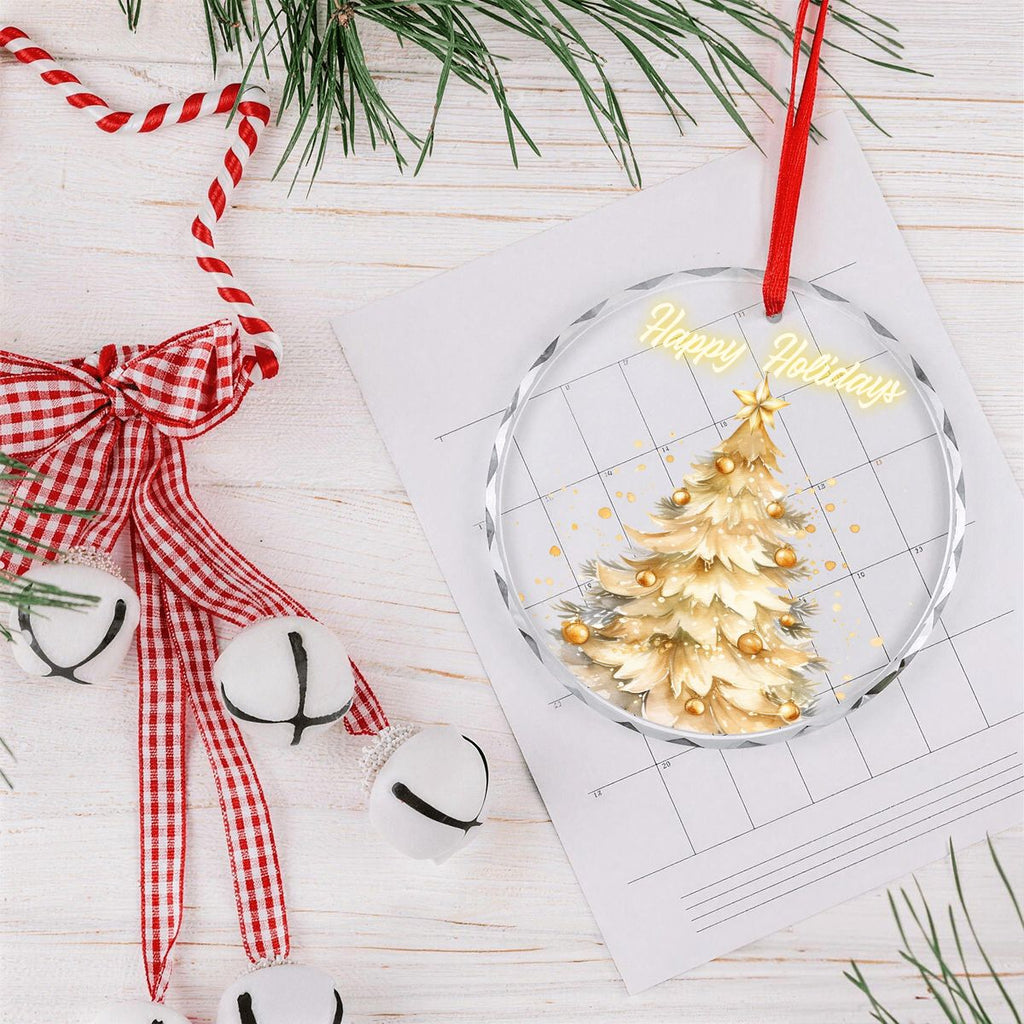Happy Holidays Golden Christmas Tree Round Glass Ornament (Made in USA)