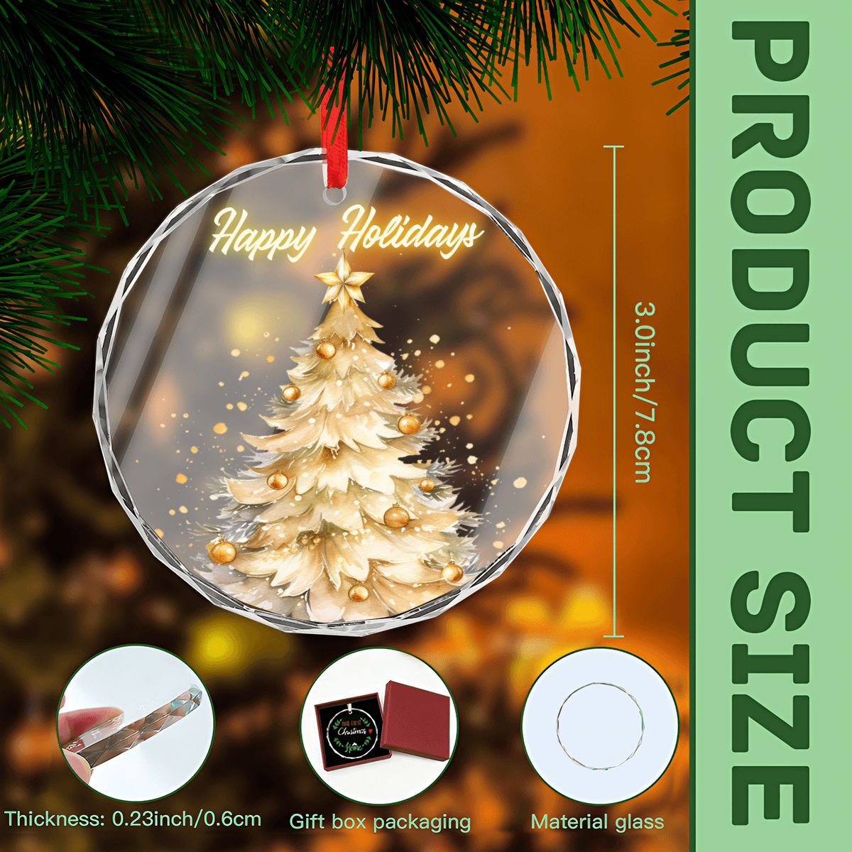 Happy Holidays Golden Christmas Tree Round Glass Ornament (Made in USA)
