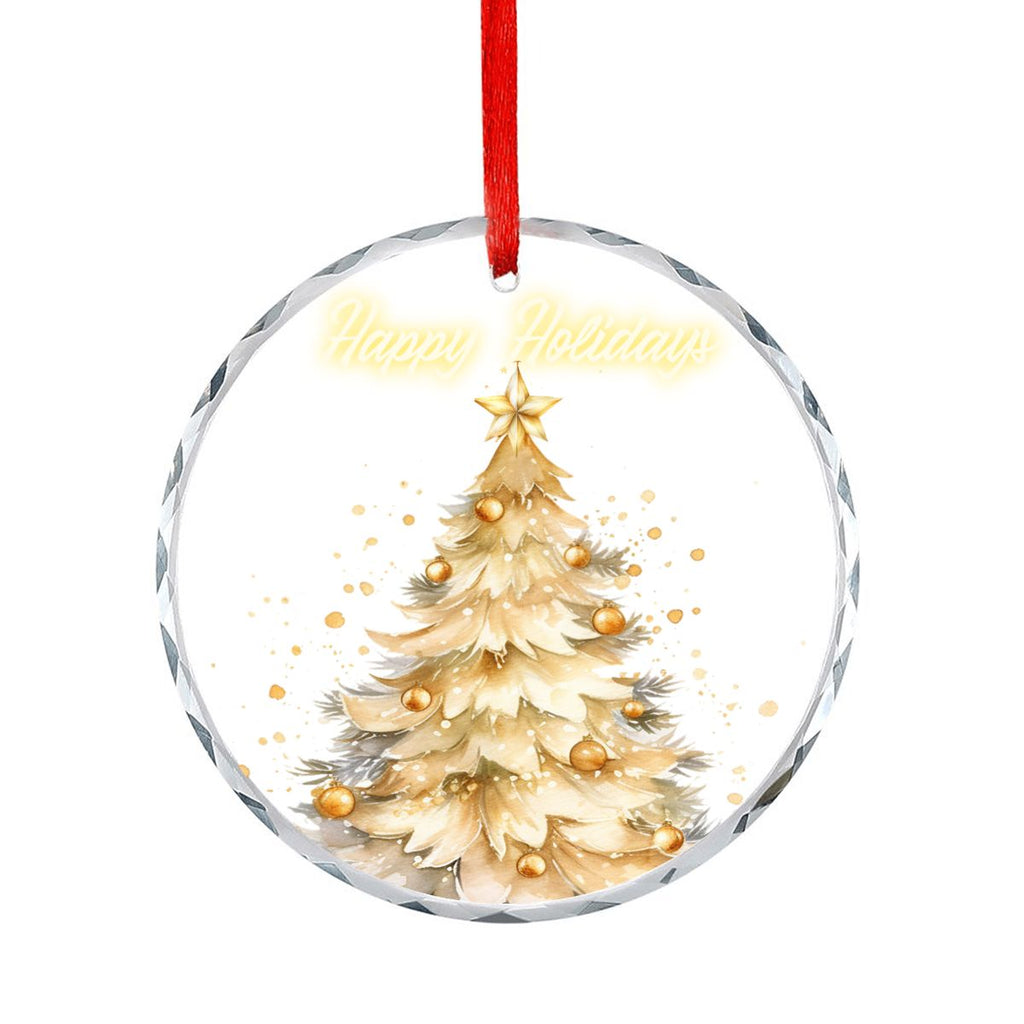 Happy Holidays Golden Christmas Tree Round Glass Ornament (Made in USA)