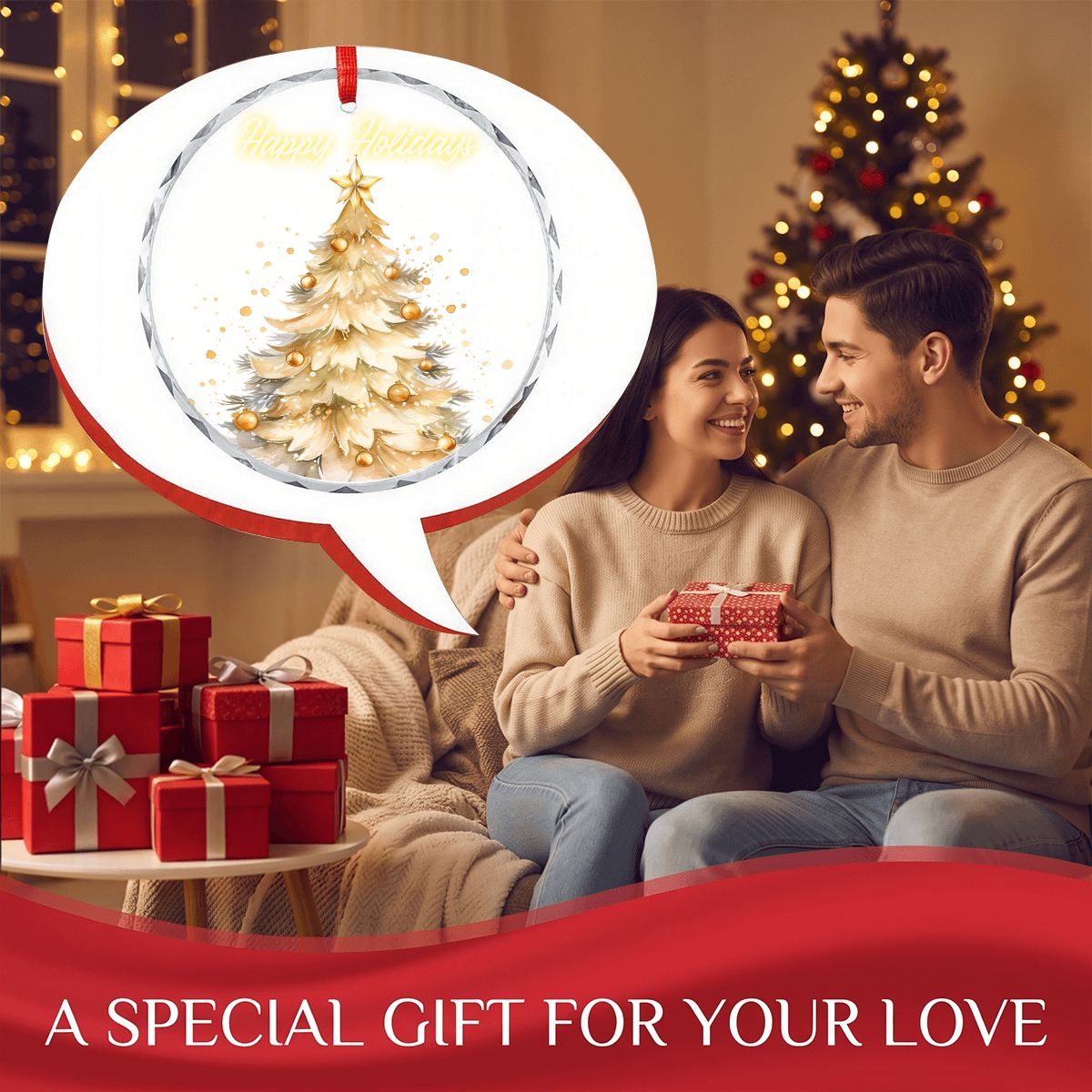 Happy Holidays Golden Christmas Tree Round Glass Ornament (Made in USA)