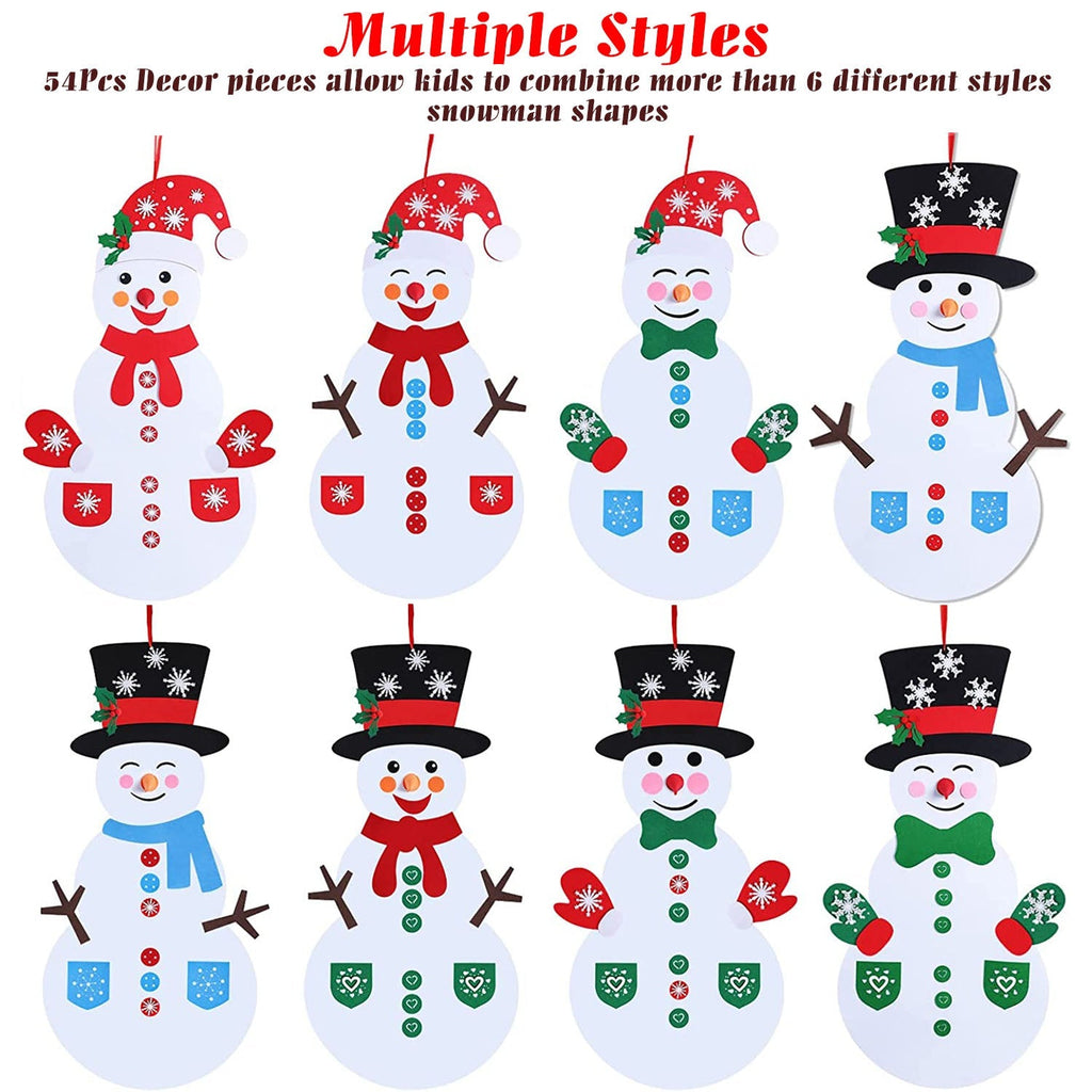 Felt Christmas Snowman Set DIY Felt Christmas Hanging Decorations Kits with 54Pcs Detachable Ornaments Xmas Gift for Toddlers