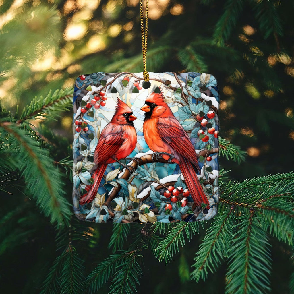 Stained Glass Cardinals in Winter Printed Square Cutout Ceramic Ornament