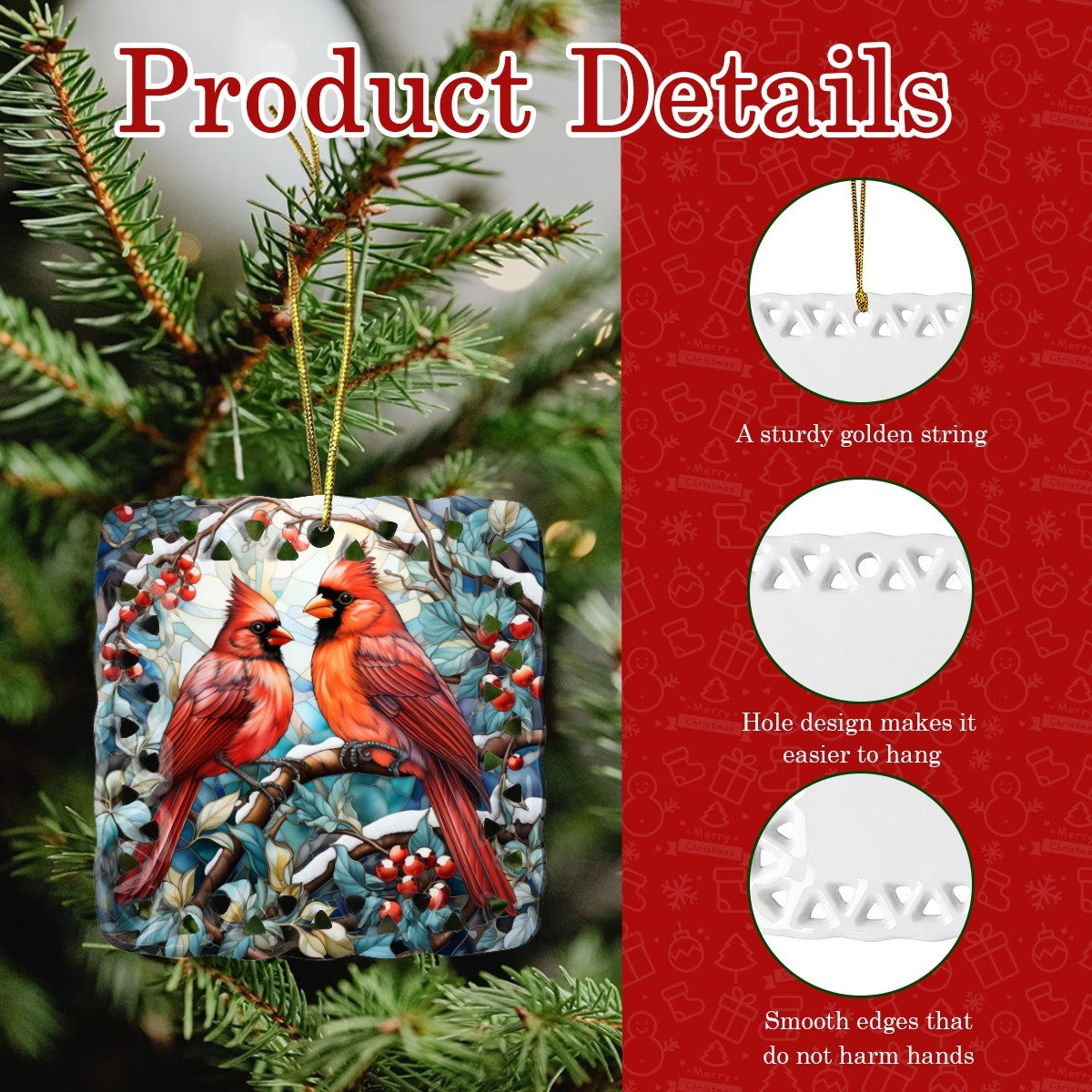 Stained Glass Cardinals in Winter Printed Square Cutout Ceramic Ornament