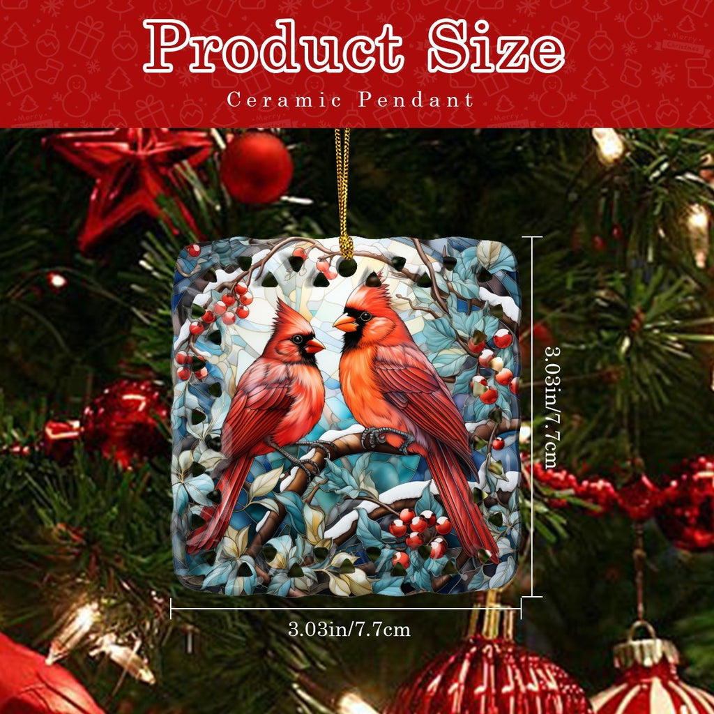 Stained Glass Cardinals in Winter Printed Square Cutout Ceramic Ornament