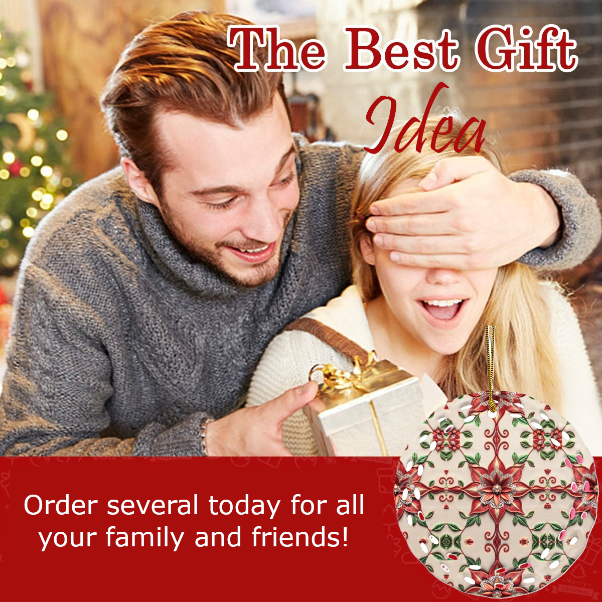 Christmas Poinsettia Pattern Round Cutout Ceramic Ornament