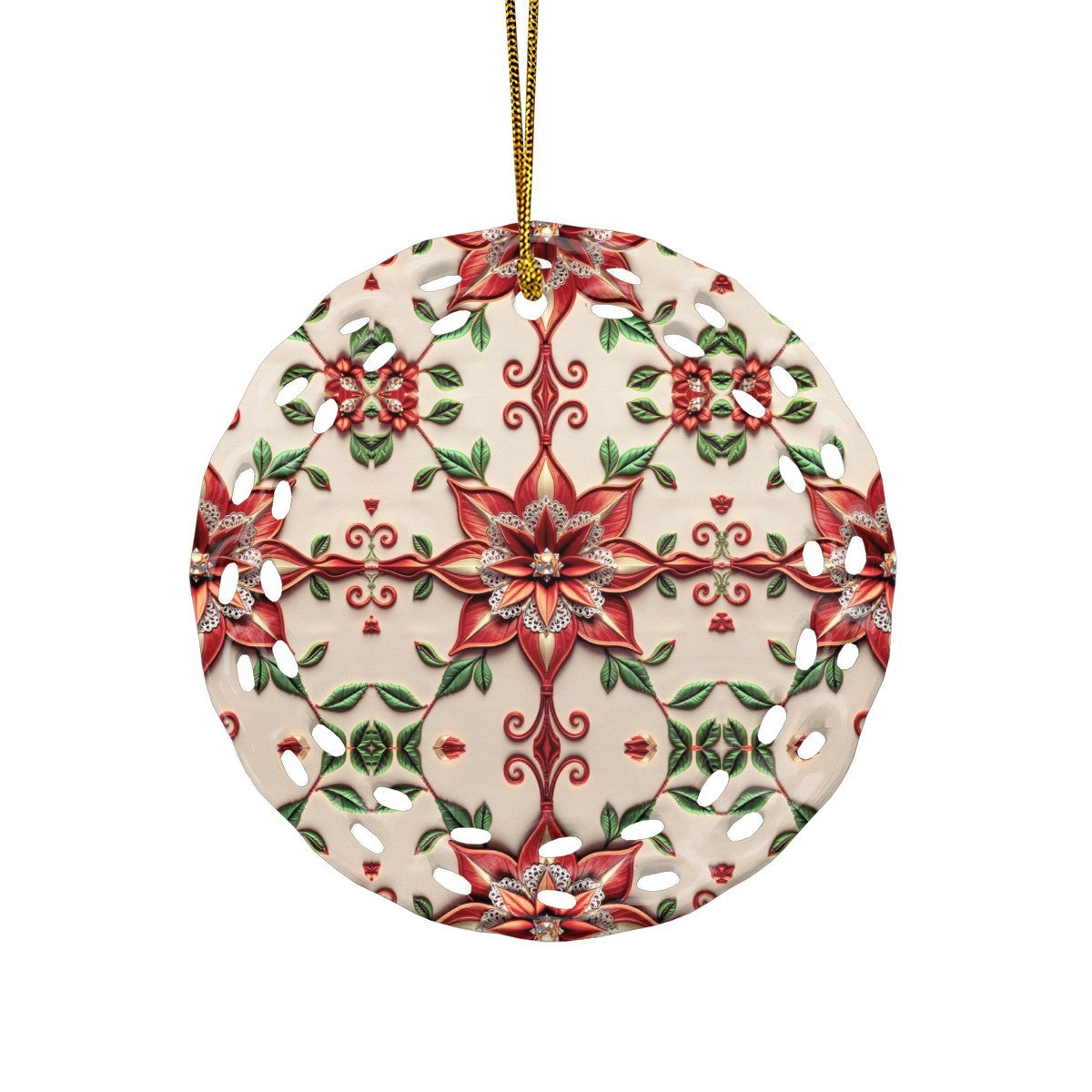 Christmas Poinsettia Pattern Round Cutout Ceramic Ornament