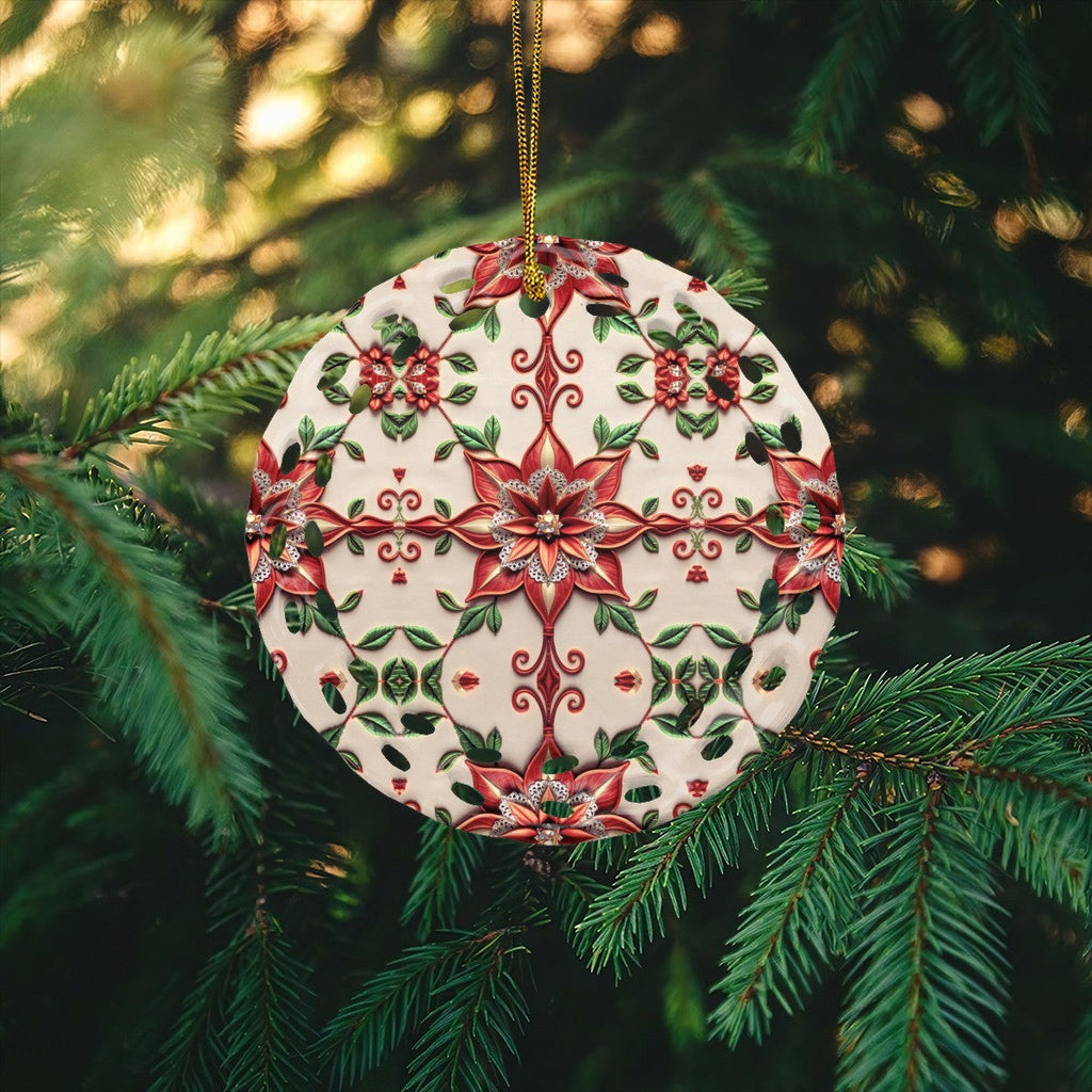 Christmas Poinsettia Pattern Round Cutout Ceramic Ornament