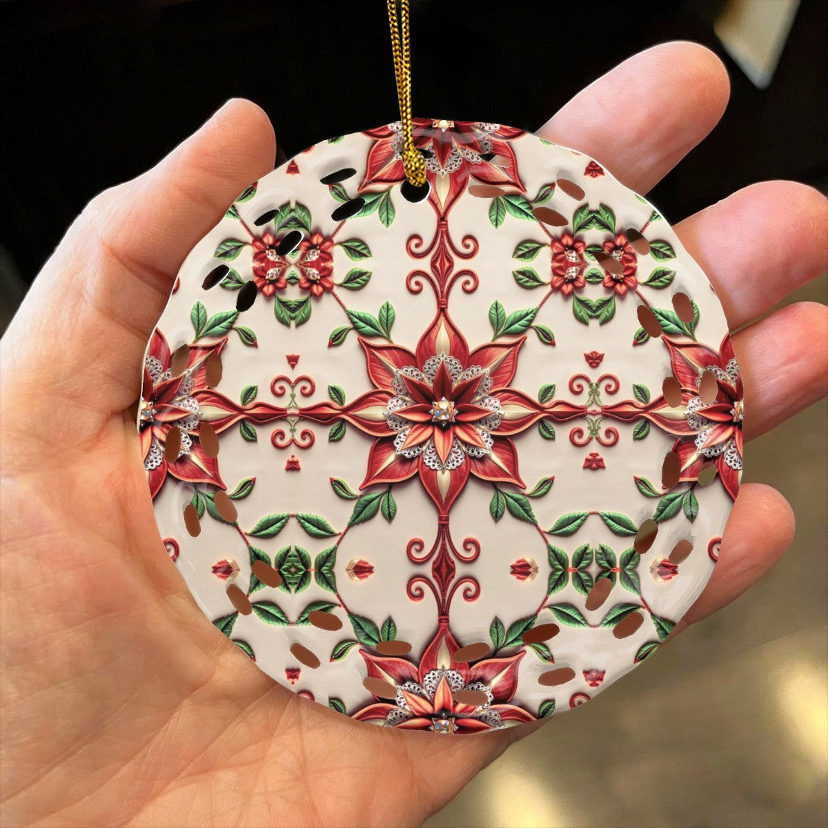 Christmas Poinsettia Pattern Round Cutout Ceramic Ornament