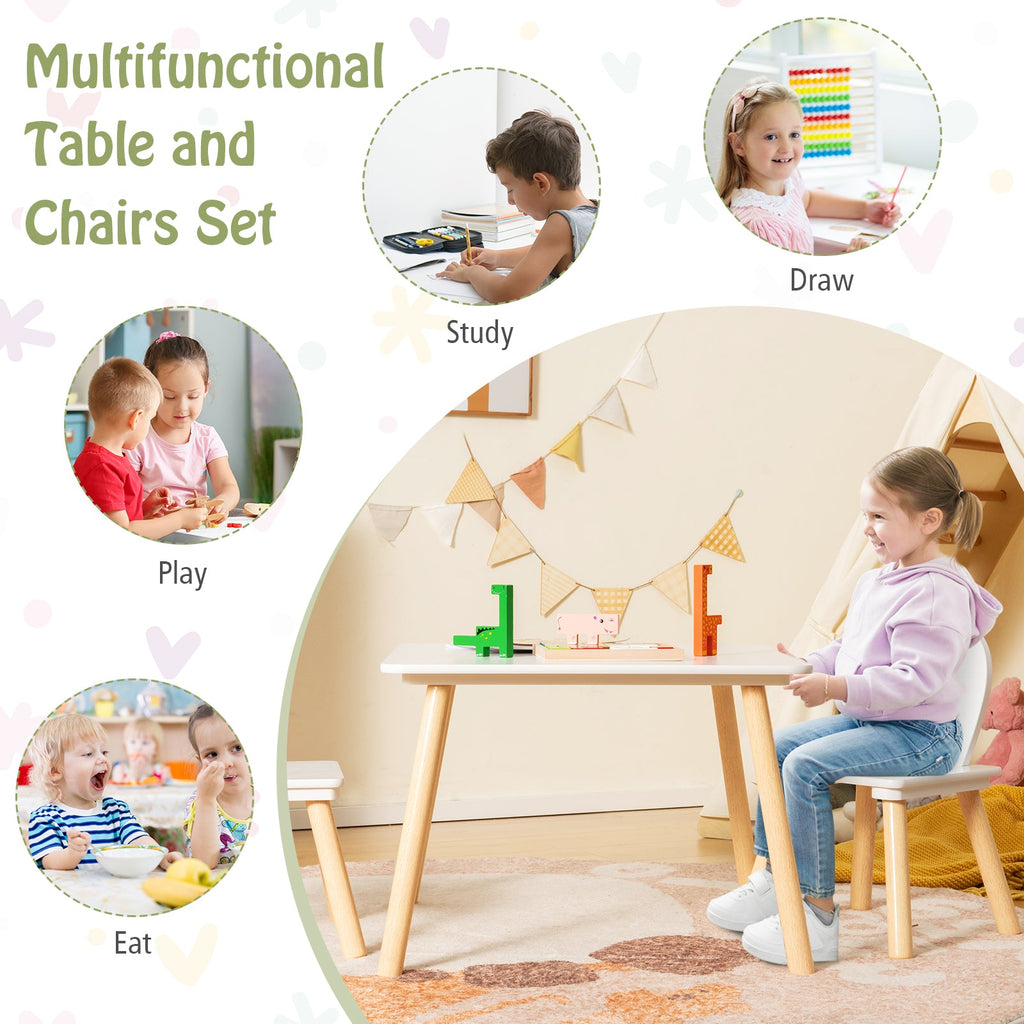 3 Pieces Kids Table and Chairs Set for Arts Crafts Snack Time-White