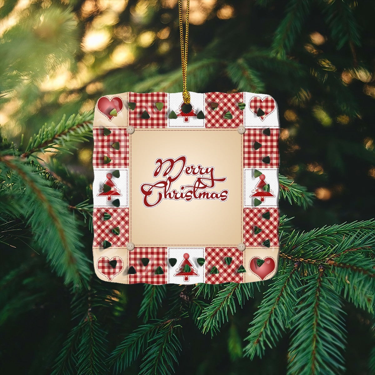 Christmas Patchwork Design Cutout Square Ceramic Ornament