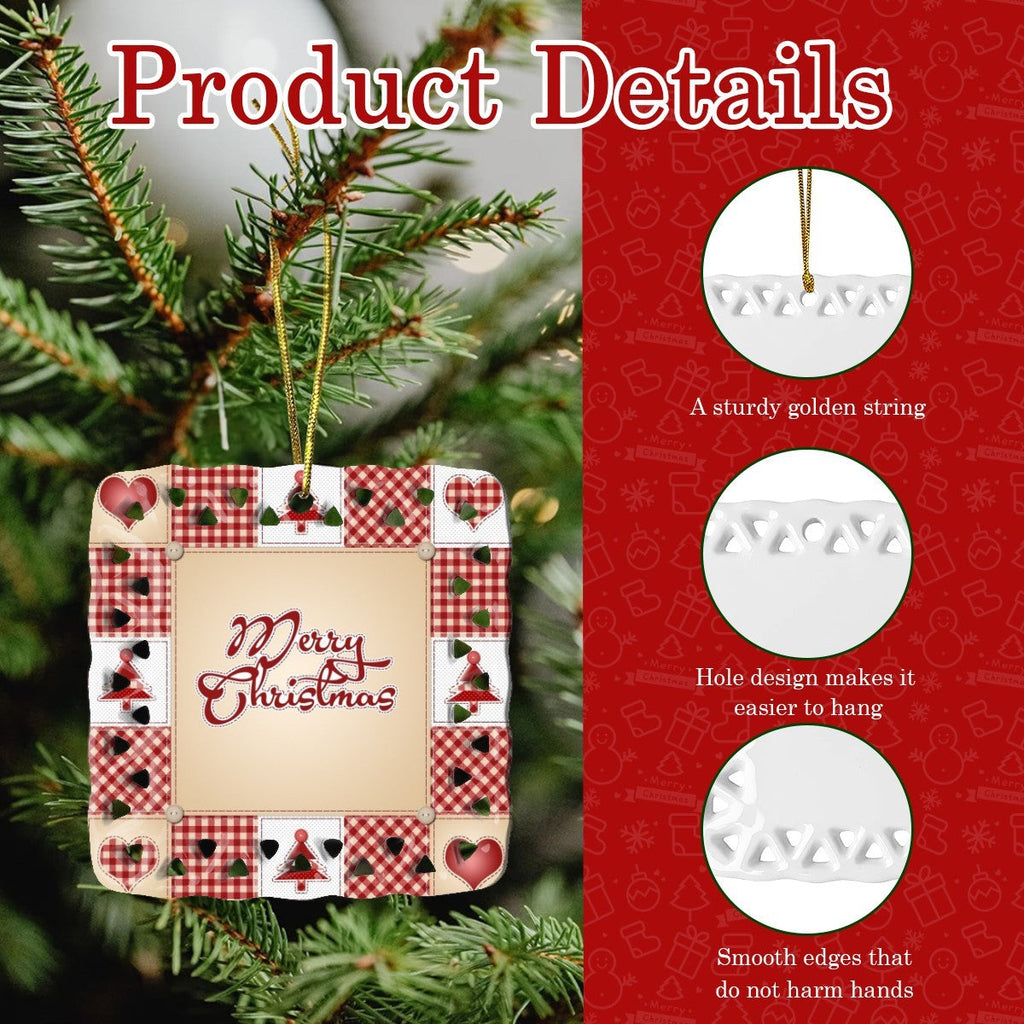 Christmas Patchwork Design Cutout Square Ceramic Ornament