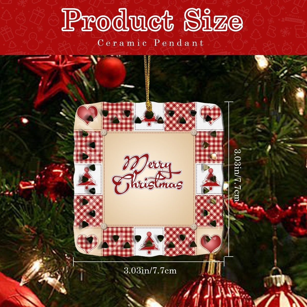 Christmas Patchwork Design Cutout Square Ceramic Ornament