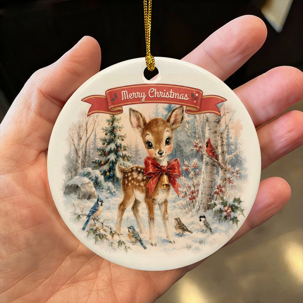 Vintage Adorable Deer Christmas Design Round Ceramic Ornament