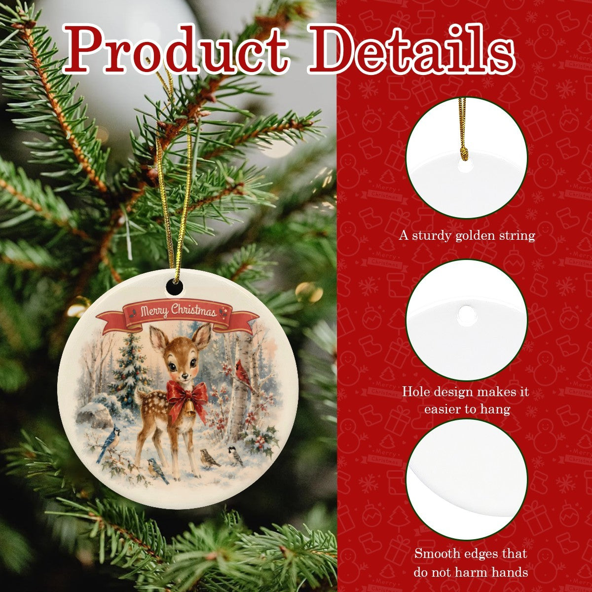 Vintage Adorable Deer Christmas Design Round Ceramic Ornament