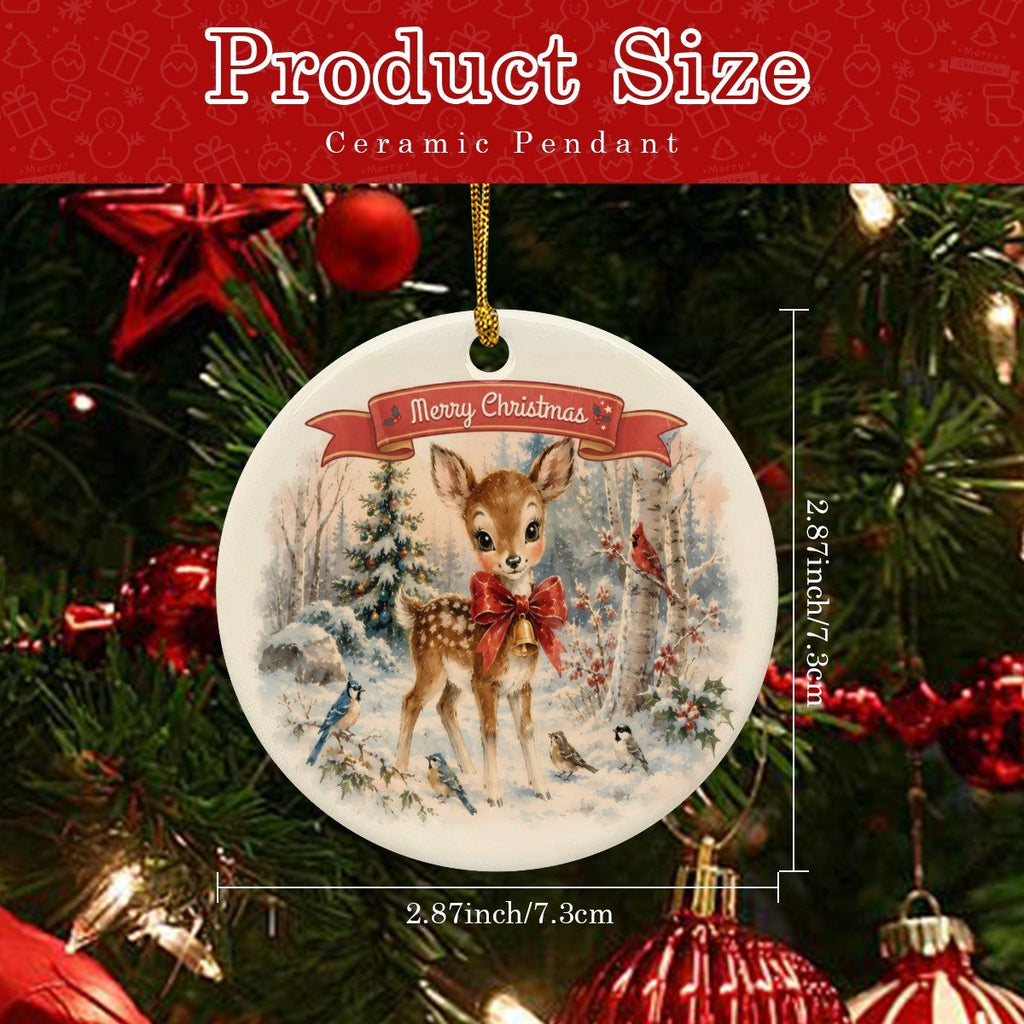 Vintage Adorable Deer Christmas Design Round Ceramic Ornament