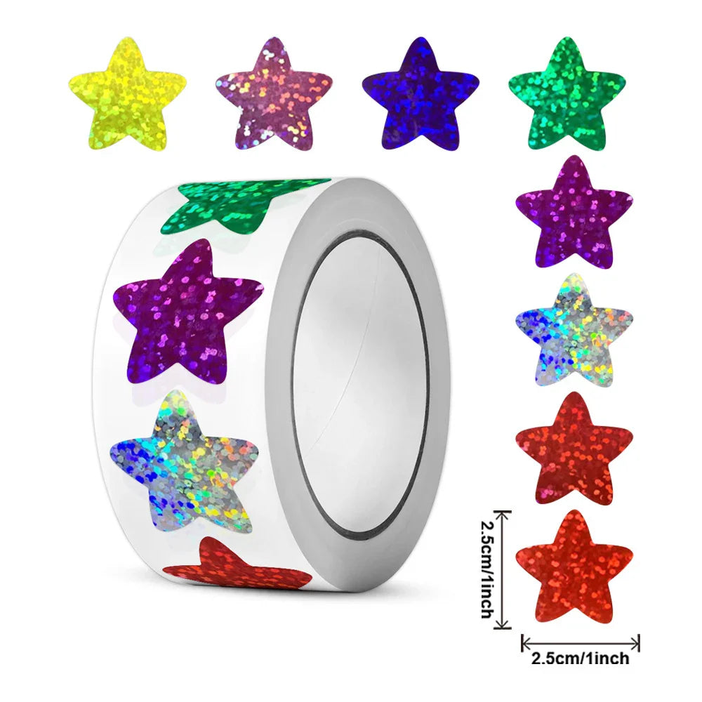Colorful Star Holographic Stickers Roll 500 1000pcs Kids DIY