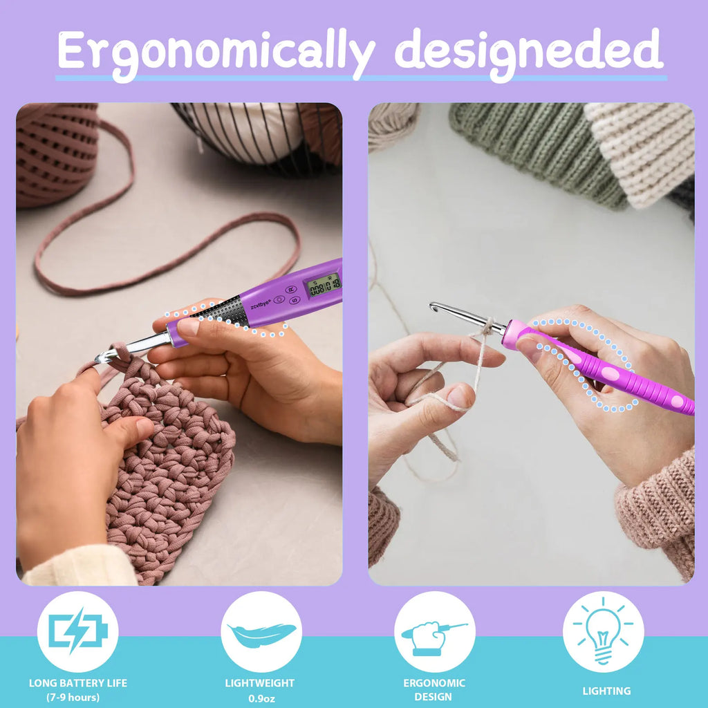 24pcs Crochet Hook Set with Counter LED Light & Stitch Ergonomic knitting needle Sewing Tools Set DIY Weaving Sweater Tool