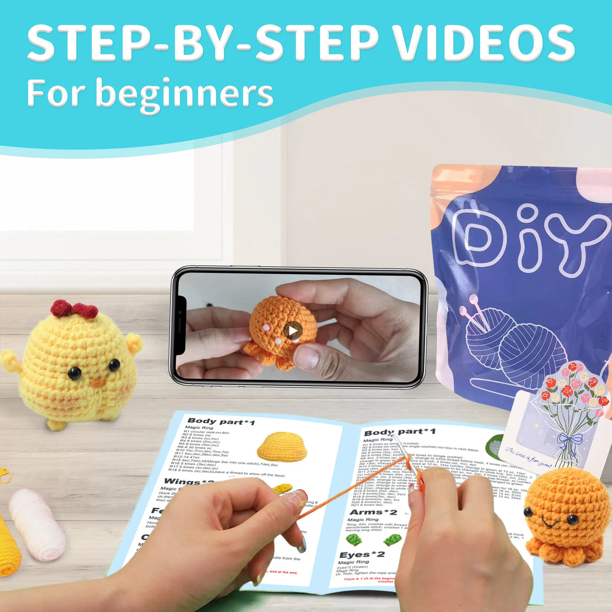 Animal Crochet Kit Beginner Starter Set DIY Knitting Supplies