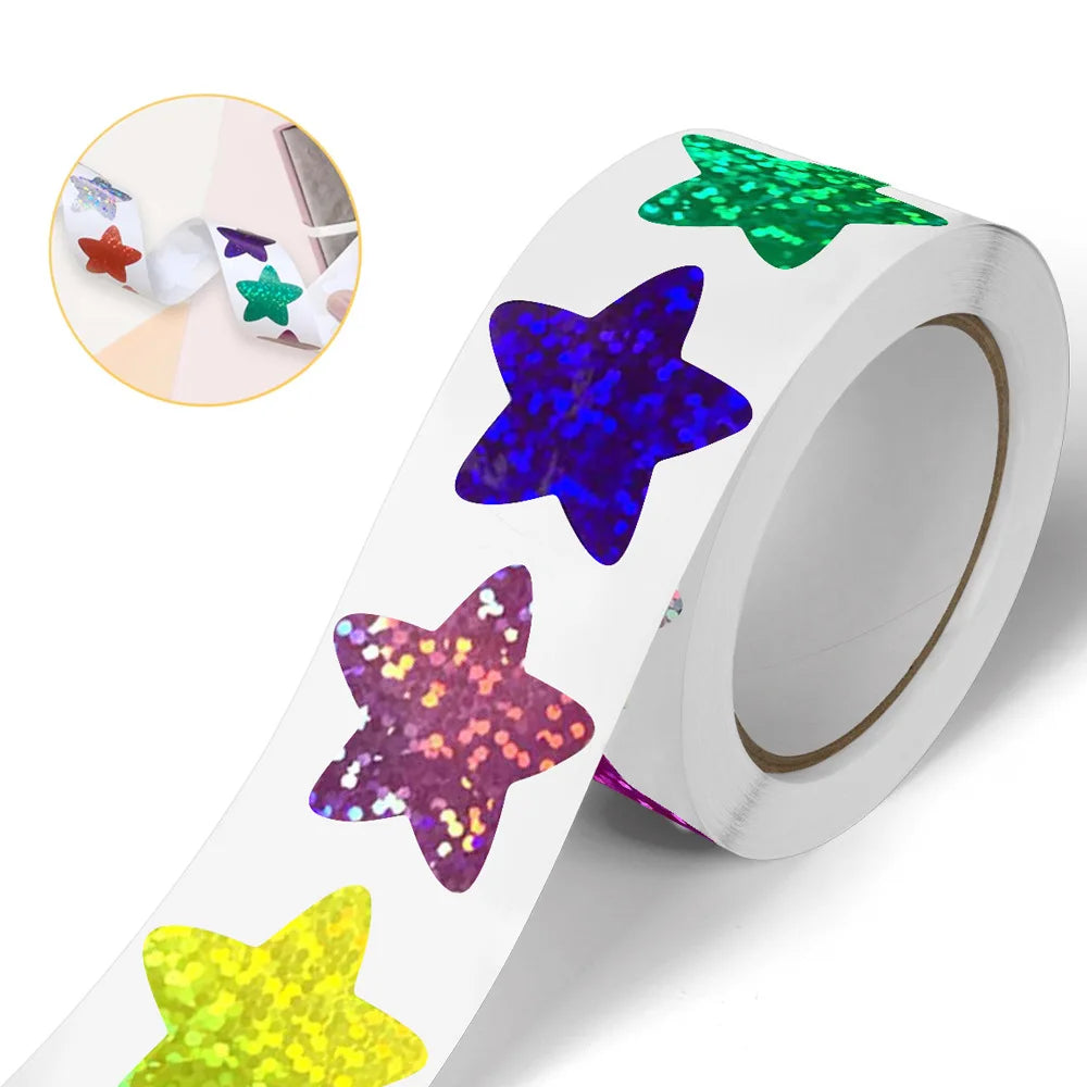 Colorful Star Holographic Stickers Roll 500 1000pcs Kids DIY