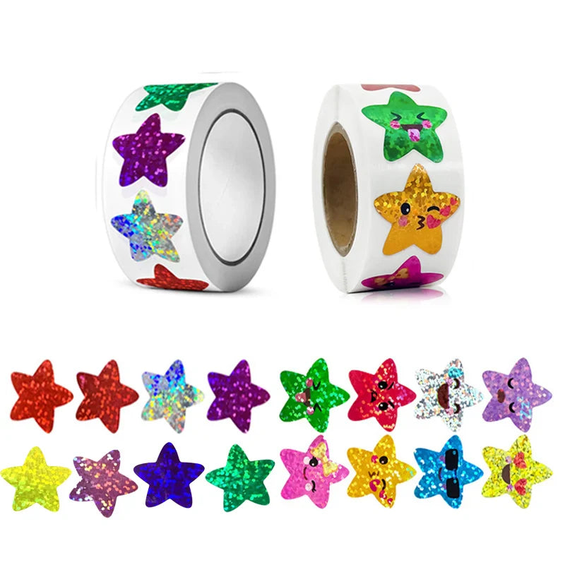 Colorful Star Holographic Stickers Roll 500 1000pcs Kids DIY