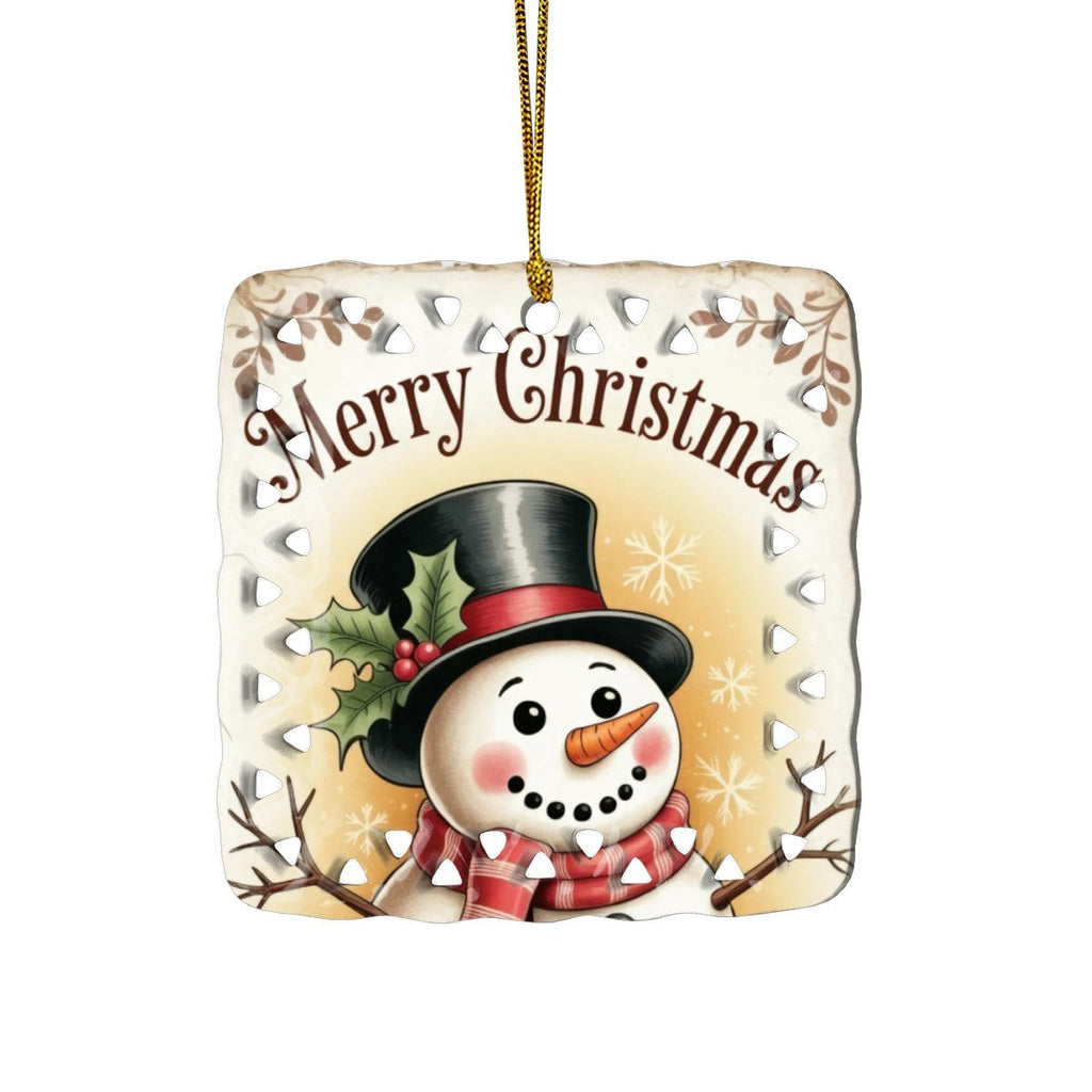 Vintage Merry Christmas Snowman Cutout Square Ceramic Ornament
