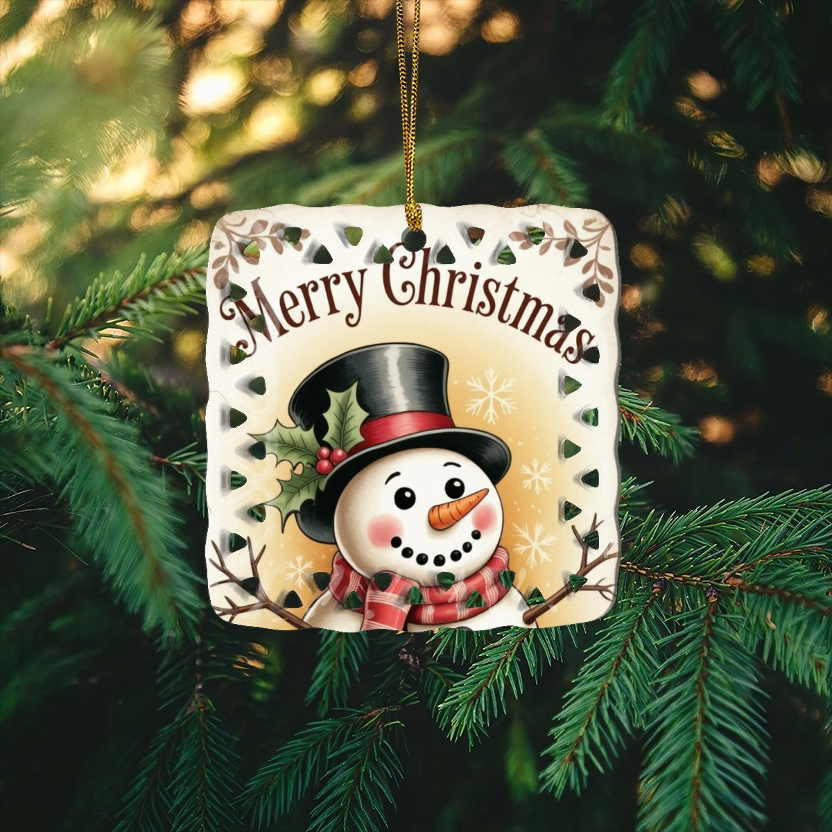 Vintage Merry Christmas Snowman Cutout Square Ceramic Ornament
