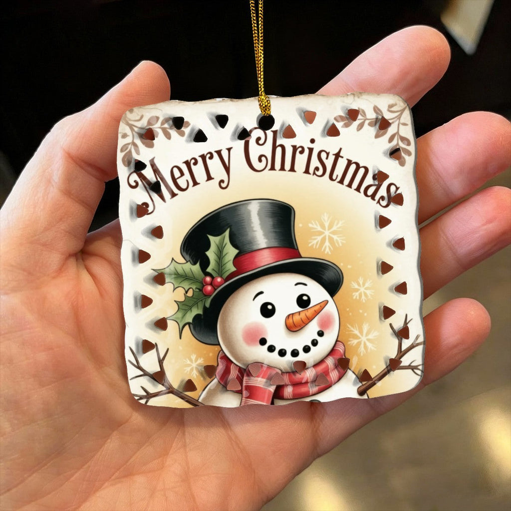 Vintage Merry Christmas Snowman Cutout Square Ceramic Ornament
