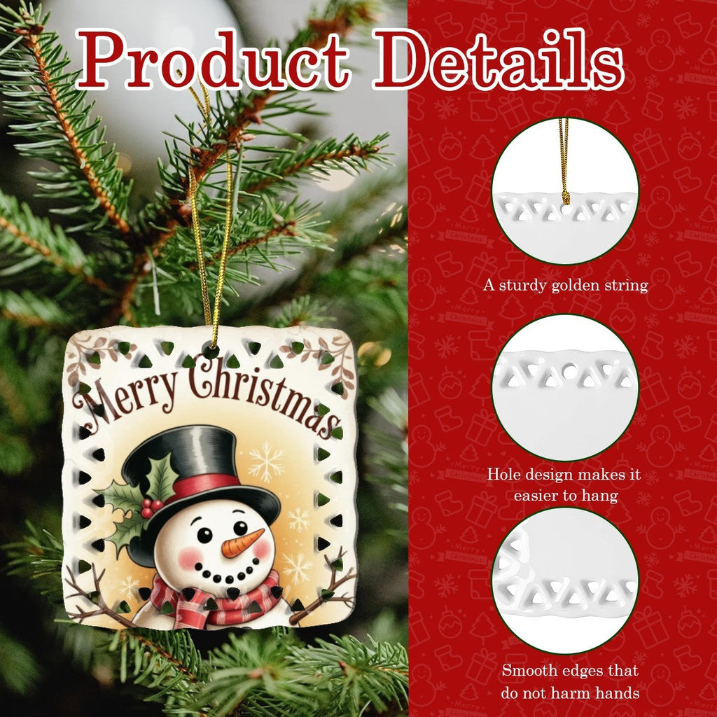 Vintage Merry Christmas Snowman Cutout Square Ceramic Ornament