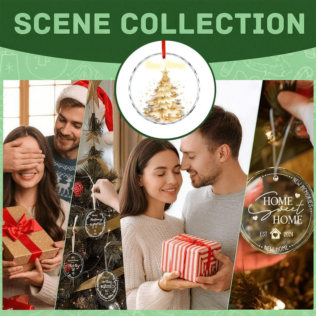 Happy Holidays Golden Christmas Tree Round Glass Ornament (Made in USA)