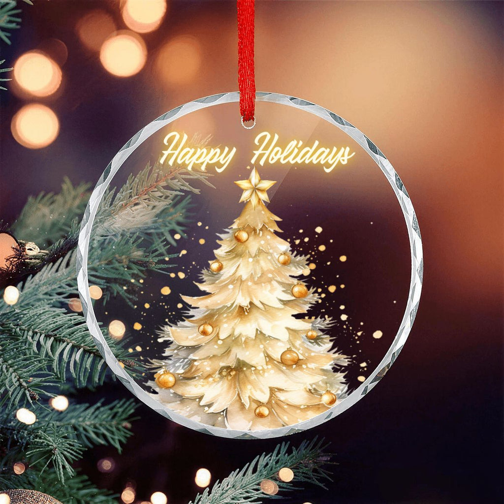 Happy Holidays Golden Christmas Tree Round Glass Ornament (Made in USA)
