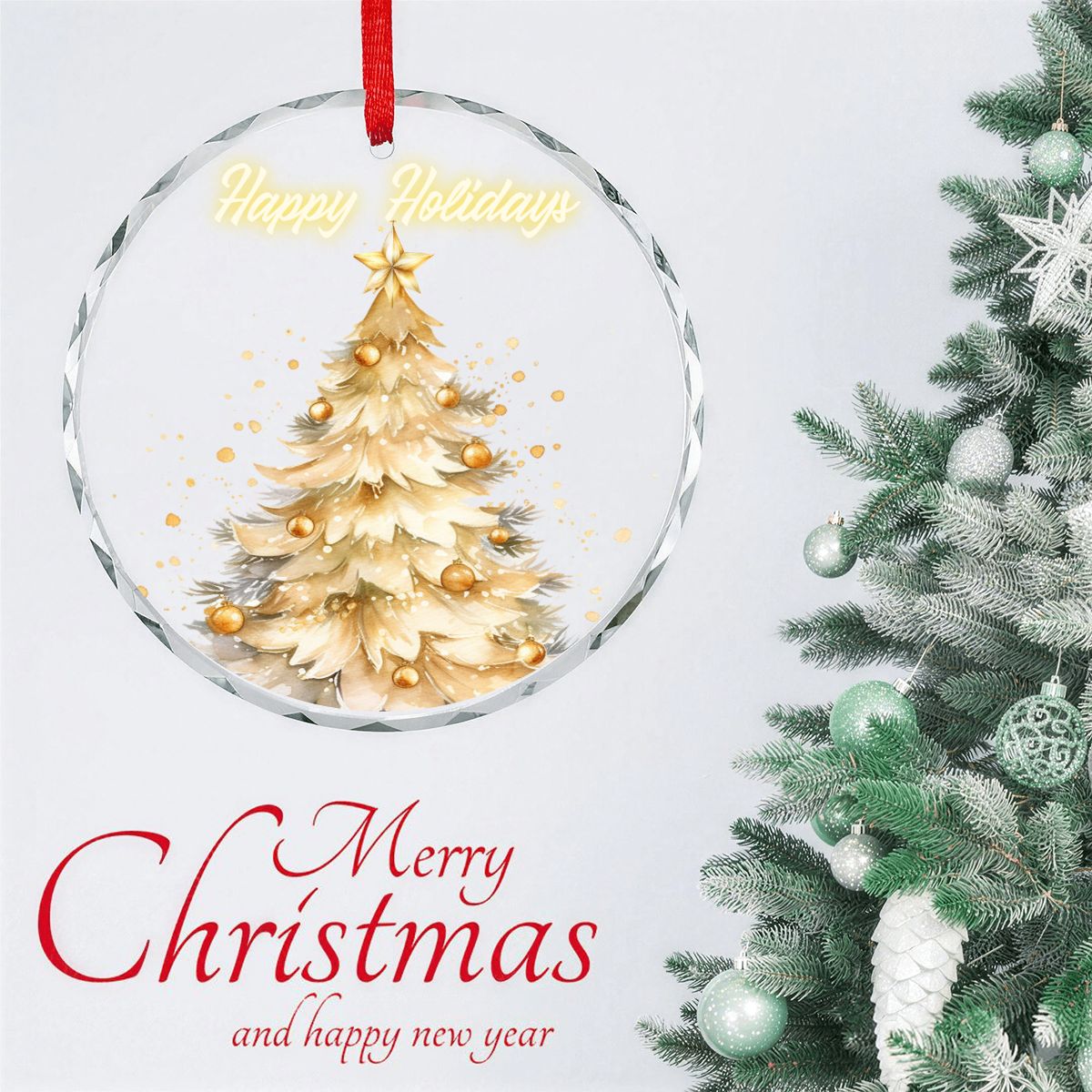 Happy Holidays Golden Christmas Tree Round Glass Ornament (Made in USA)