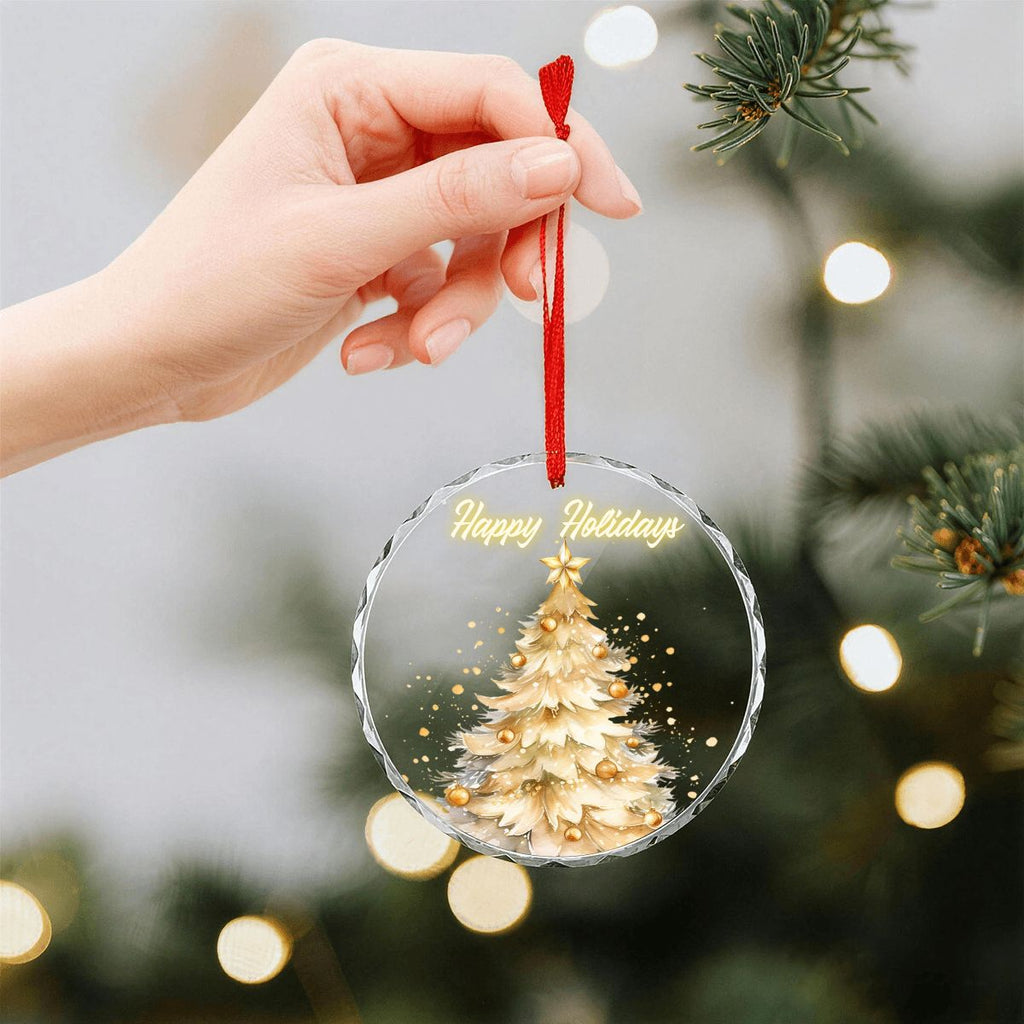 Happy Holidays Golden Christmas Tree Round Glass Ornament (Made in USA)