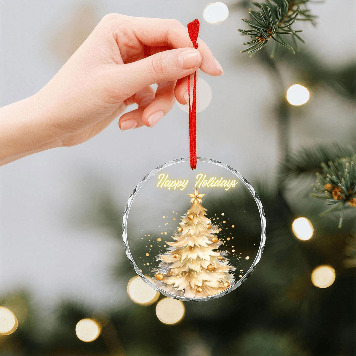 Happy Holidays Golden Christmas Tree Round Glass Ornament (Made in USA)