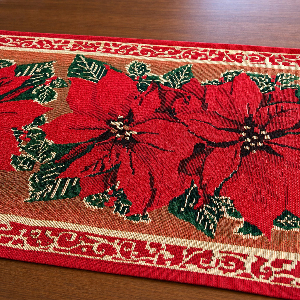 Poinsettia Flowers Christmas Tablecloth Holiday Runner 75 Inches