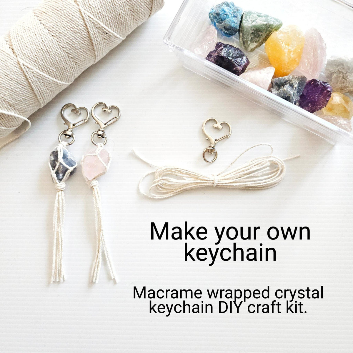 Macramé Wrapped Crystal Keychain DIY Kit – Beginner Craft Kit with Real Crystals