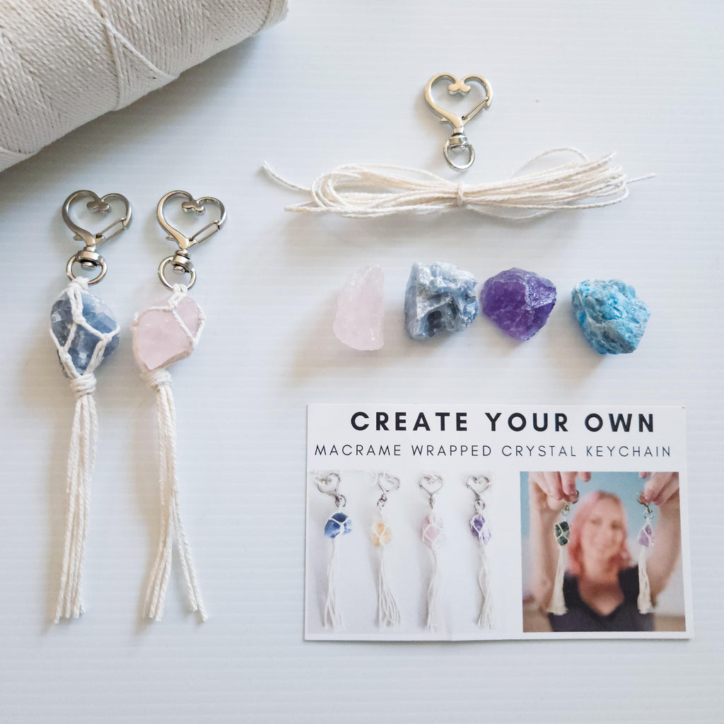 Macramé Wrapped Crystal Keychain DIY Kit – Beginner Craft Kit with Real Crystals