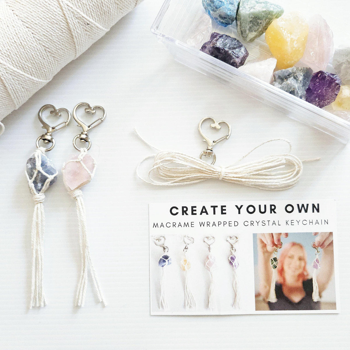 Macramé Wrapped Crystal Keychain DIY Kit – Beginner Craft Kit with Real Crystals