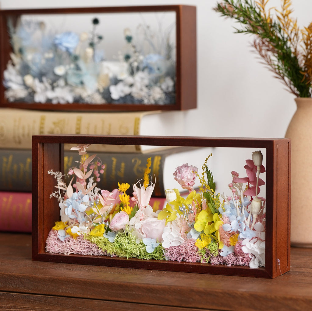 "Micro Landscape Frame" - Real Preserved Flower Mini Garden Shadow Box (Panoramic Desk Decor)
