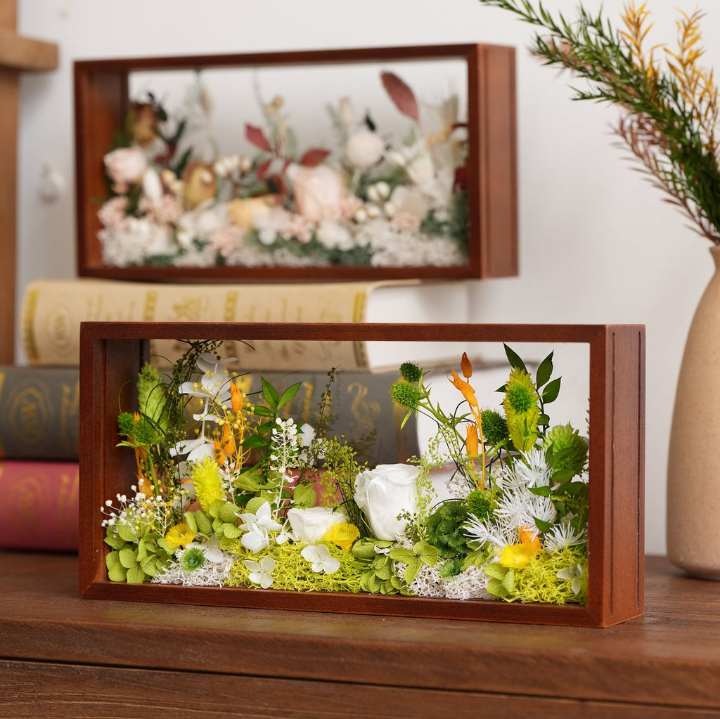 "Micro Landscape Frame" - Real Preserved Flower Mini Garden Shadow Box (Panoramic Desk Decor)