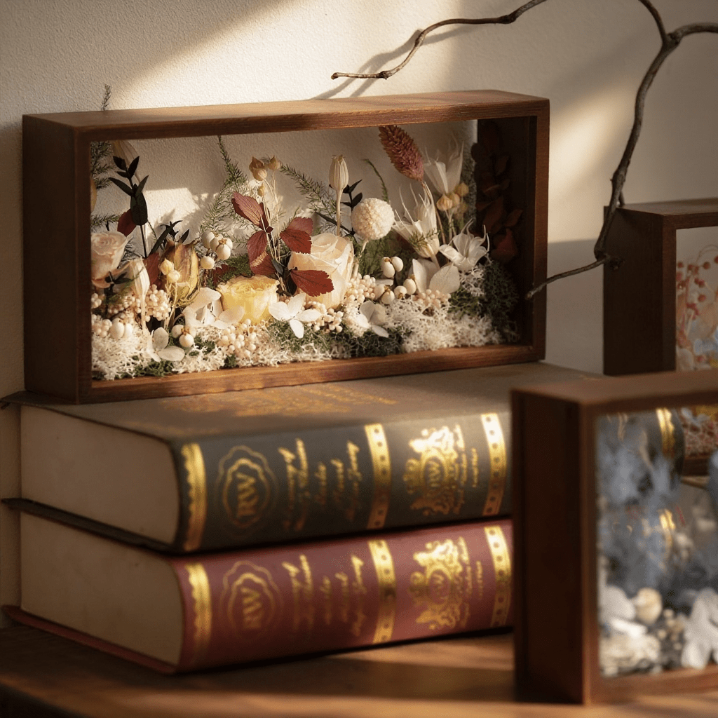"Micro Landscape Frame" - Real Preserved Flower Mini Garden Shadow Box (Panoramic Desk Decor)