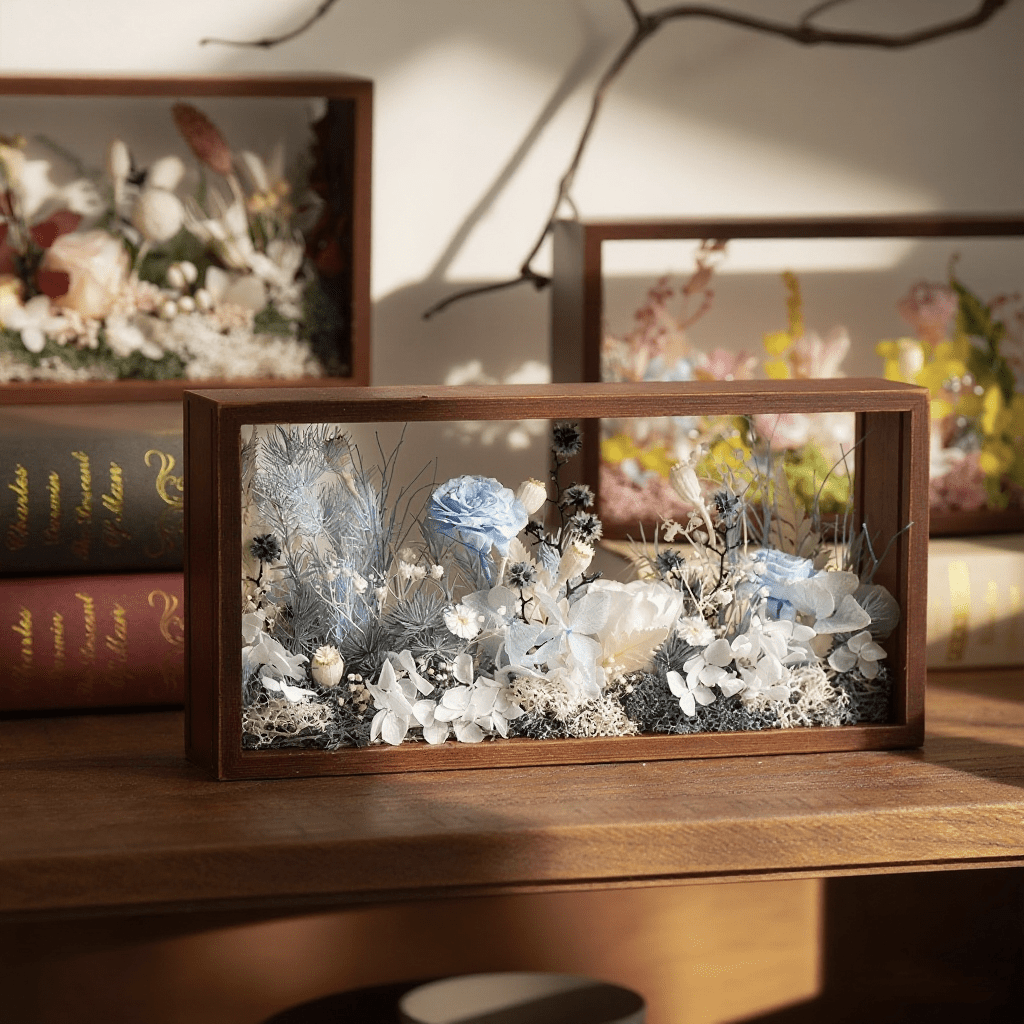 "Micro Landscape Frame" - Real Preserved Flower Mini Garden Shadow Box (Panoramic Desk Decor)