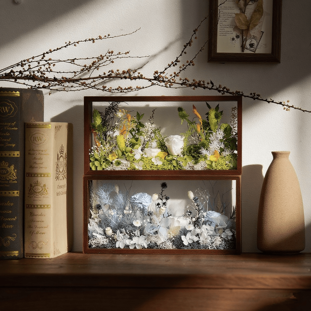 "Micro Landscape Frame" - Real Preserved Flower Mini Garden Shadow Box (Panoramic Desk Decor)