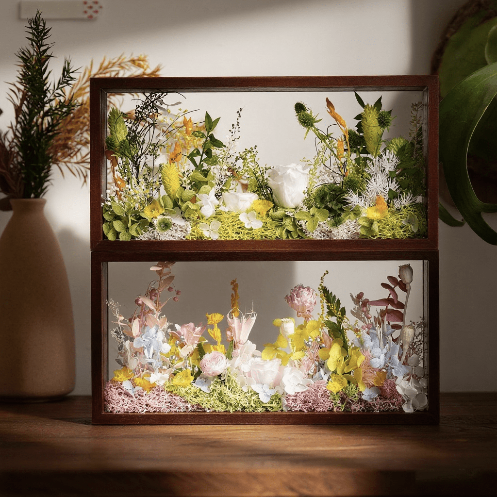 "Micro Landscape Frame" - Real Preserved Flower Mini Garden Shadow Box (Panoramic Desk Decor)