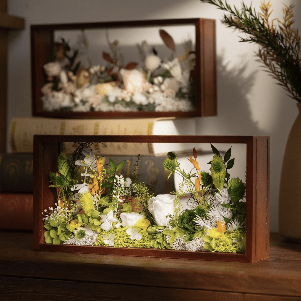 "Micro Landscape Frame" - Real Preserved Flower Mini Garden Shadow Box (Panoramic Desk Decor)